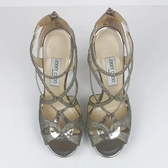 Jimmy Choo Metallic Sparkle & Leather Vermeil Caged Strappy Heel Sandals - Picture 5 of 10